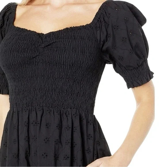 Lost + Wander's La Luna Smocked Bodice Black Cotton Eyelet Maxi Dress Medium - Picture 2 of 7